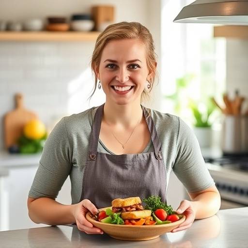Emily Davis, a marketing manager, preparing a healthy meal in her kitchen, testimonial of Vitality Hub program.